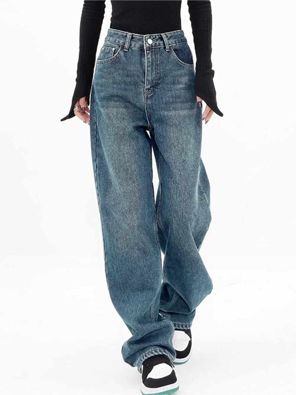 Women's Blue Denim Y2k Straight Leg Button Zipper High Waisted Baggy Jean